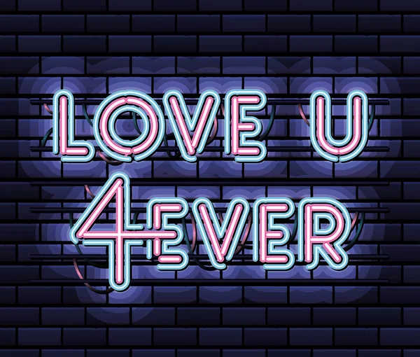 Love u 4ever belettering in neon font van roze en blauwe kleur op donkerblauwe achtergrond — Stockvector