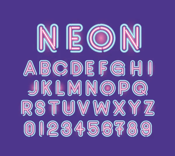 Neon font alphabet and numbers of pink and blue color on purple background — Stock Vector