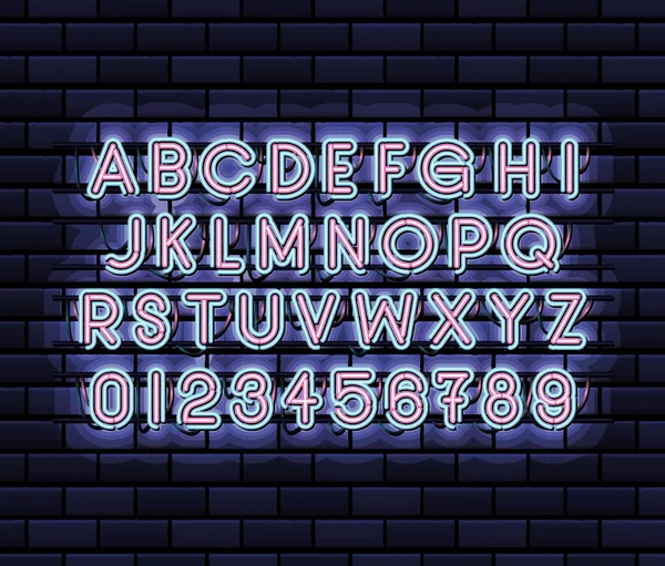 Neon fonte alfabeto e números de cor rosa e azul no fundo azul escuro —  Vetores de Stock