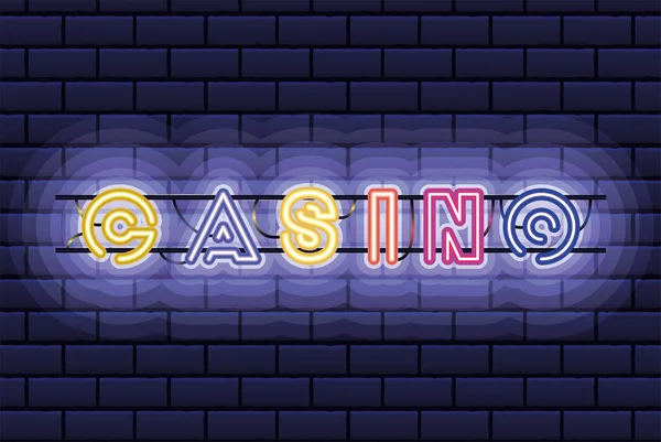 Casino lettering in neon fuente con ladrillos — Vector de stock