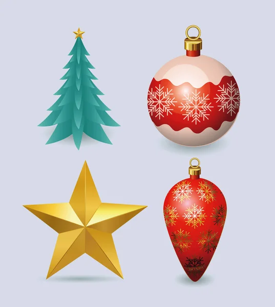 Feliz Natal esferas estrela e árvore de pinho vetor design —  Vetores de Stock