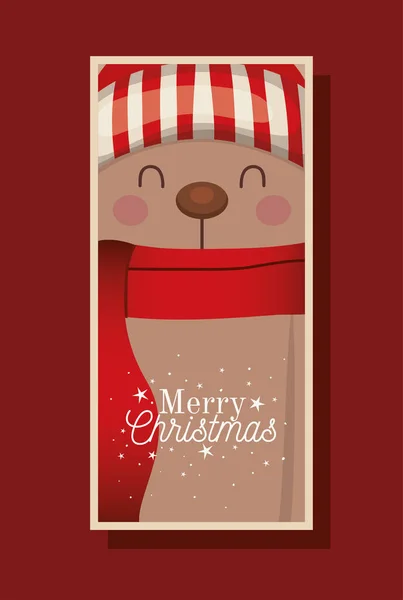 Vánoční medvěd se šátkem, kloboukem a veselým vánočním nápisem — Stockový vektor