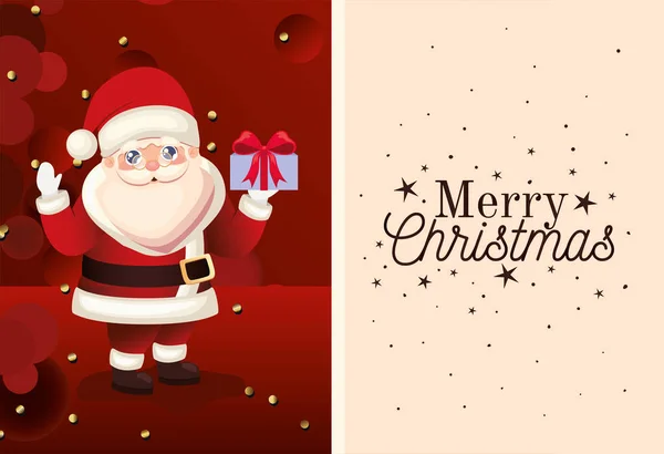 Ícone de Papai Noel com letras Feliz Natal e caixa de presente —  Vetores de Stock