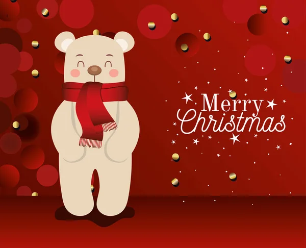 Ícone urso com letras Feliz Natal no fundo vermelho — Vetor de Stock
