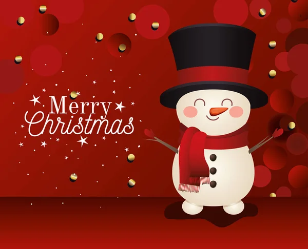 Muñeco de nieve con el icono del sombrero de copa y letras de navidad feliz sobre fondo rojo — Archivo Imágenes Vectoriales