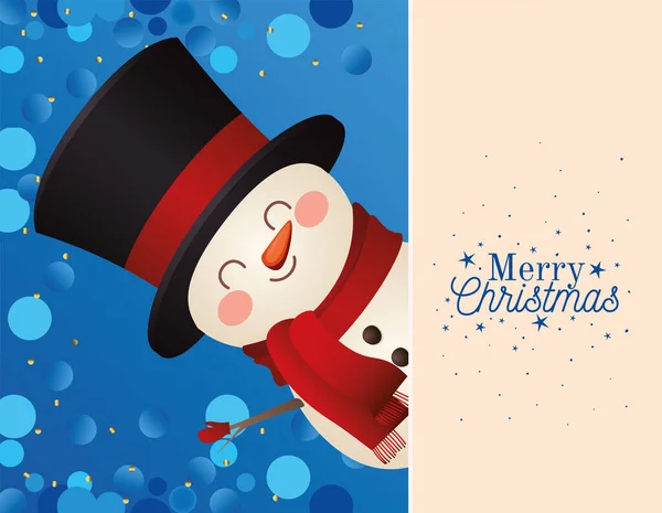 Christmas snowman with top hat icon and merry christmas lettering — Stock Vector