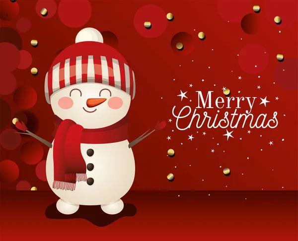 Icono muñeco de nieve con letras de Navidad feliz sobre fondo rojo — Archivo Imágenes Vectoriales