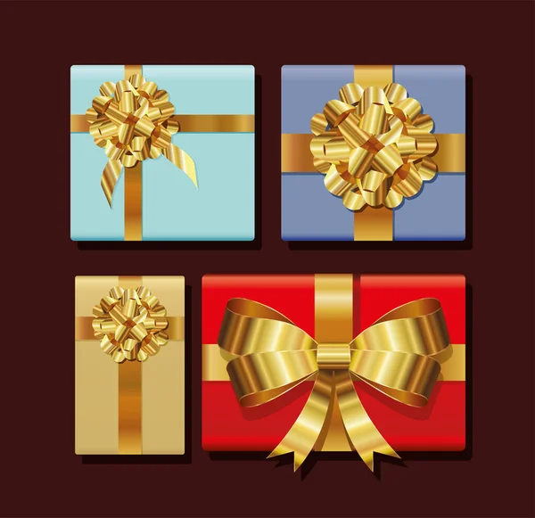 Set of gifts boxes with golden bows — Stock Vector