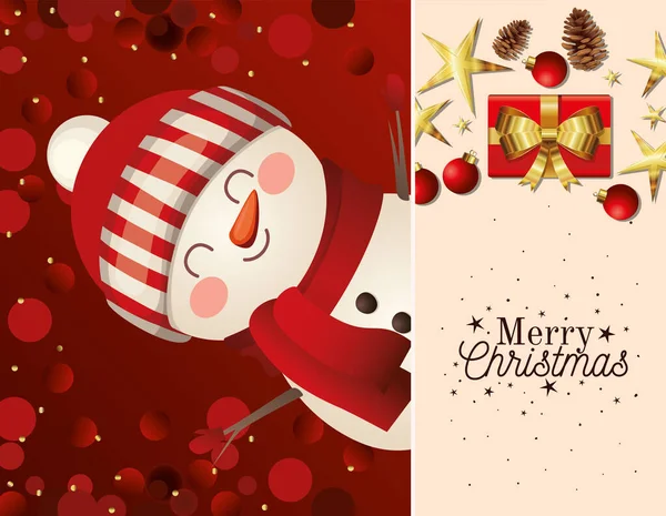 Bonhomme de neige de Noël avec icône chapeau et joyeux Noël lettrage — Image vectorielle