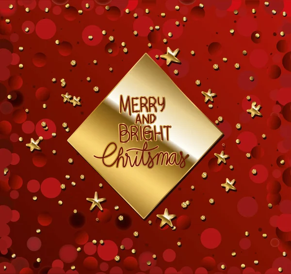 Glad och ljus jul i guld bokstäver på diamant och röd bakgrund — Stock vektor
