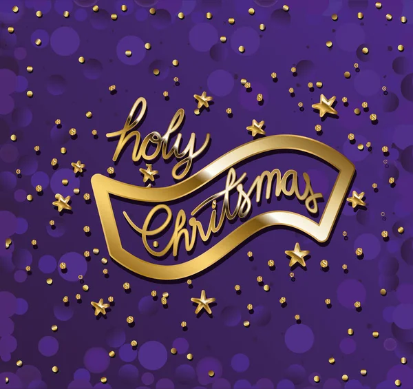 Heliga jul i guld bokstäver på fyrkantig och lila bakgrund — Stock vektor
