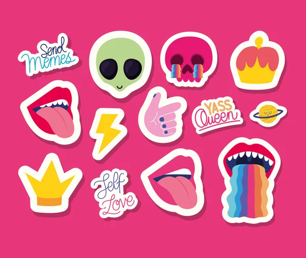 Set stickers over roze achtergrond — Stockvector