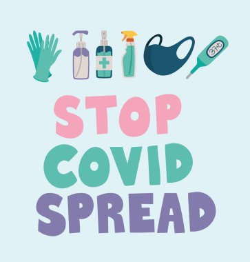stop covid spread lettering in color with gloves, bottles, safety mask and thermometer