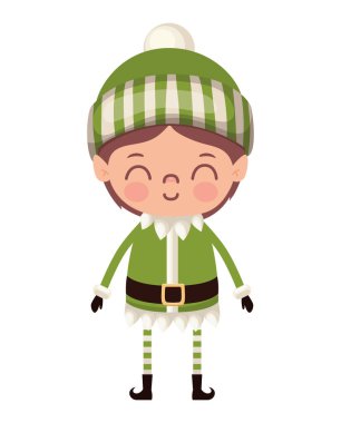 Beyaz arka planda yeşil takım elbiseli bir elf erkek.