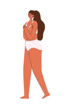 Pembe iç çamaşırlı, siyah saçlı kadın.