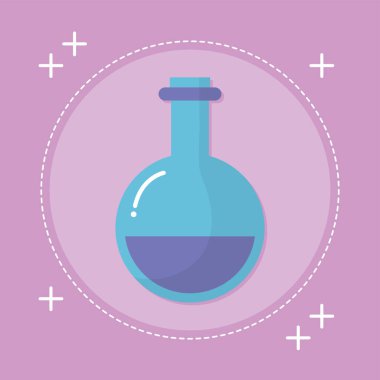 Pembe arka planda mor sıvı bulunan laboratuvar şişesi.