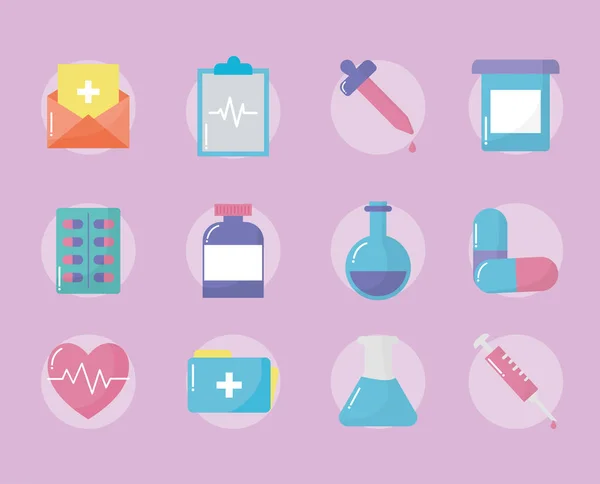 Conjunto de iconos médicos sobre fondo rosa — Vector de stock