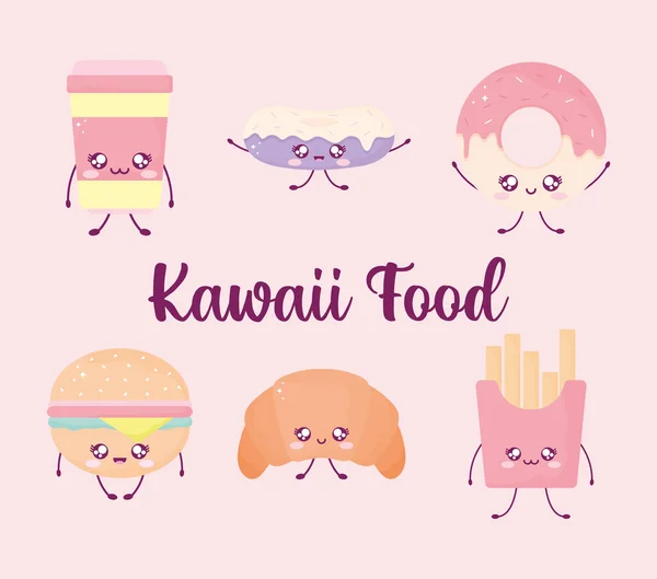 Kawaii food lettering and set of kawaii food on pink background — Image vectorielle