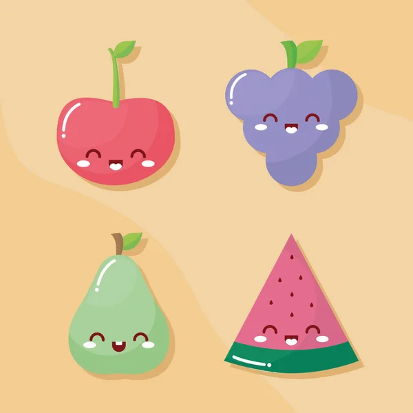 Grupo de quatro frutas kawaii com um sorriso —  Vetores de Stock