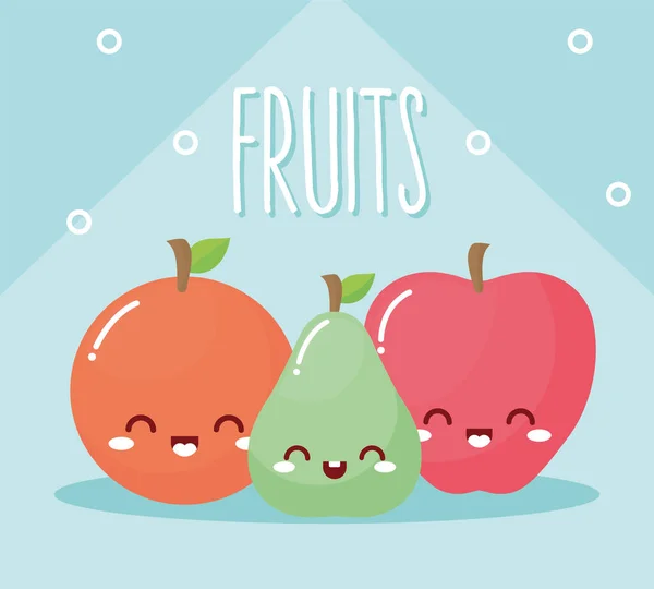 Zestaw owoców kawaii z uśmiechem — Wektor stockowy