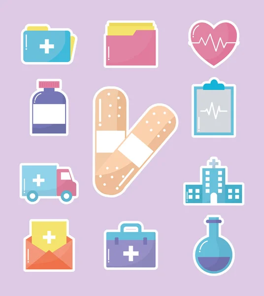 Set of medical icons in pink background — Stock Vector