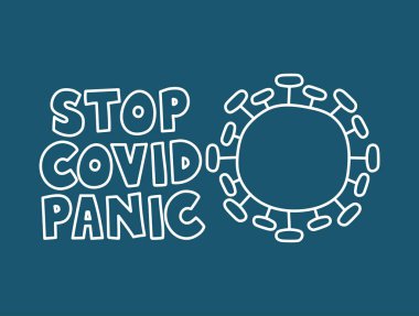 Mavi arka planda paniklemeyi ve koronavirüs parçacığını durdurun.