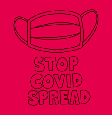 Kırmızı zemin üzerinde covid yayma ve güvenlik maskesi covid19 salgını durdurun