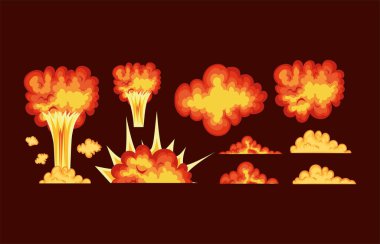 Kırmızı zemin üzerinde turuncu, kırmızı ve sarı renkli ateş bulutları olan patlamalar.