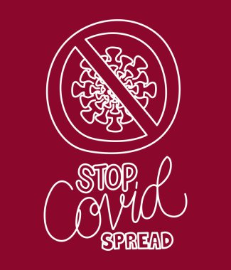 Kırmızı arkaplanda Coronavirus 'un parçacığını ve harf dağılımını yasaklayan işaretleri durdur