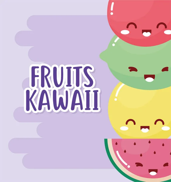 Pacote de frutas kawaii com frutas kawaii lettering — Vetor de Stock