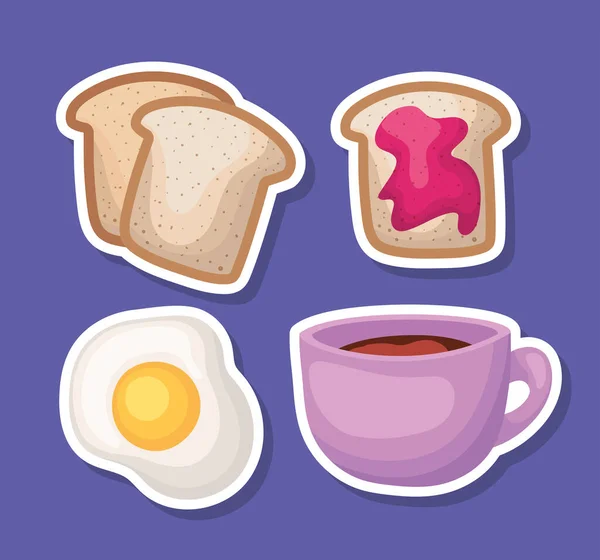 Ensemble de nourriture pour le petit déjeuner sur un fond violet — Image vectorielle