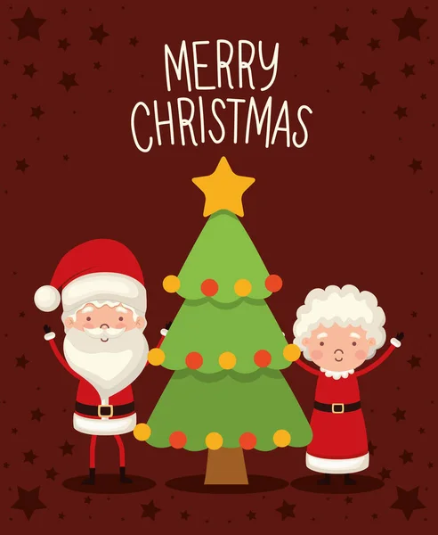 붉은 배경에 크리스마스 트리 하나를 갖고 있는 산타 클로스씨와 클라우스 부인 — 스톡 벡터