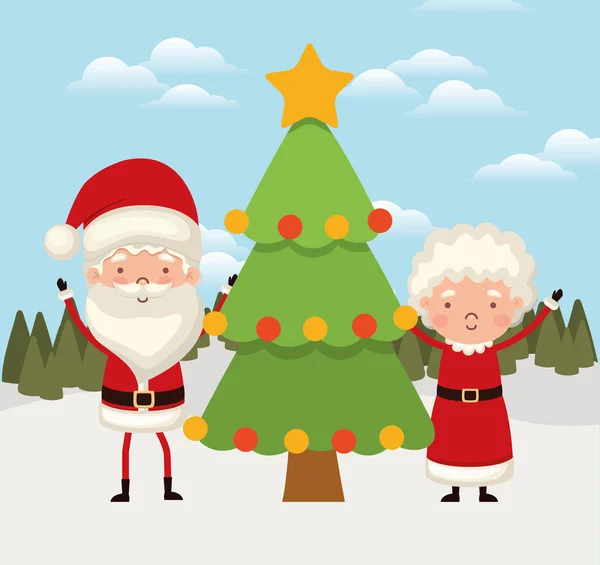 Мистер и миссис Санта Клаус с одной рождественской елкой — стоковый вектор