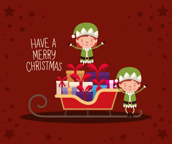 Mají veselé vánoční nápisy s dárkovými krabicemi a červenou mašlí na saních — Stockový vektor