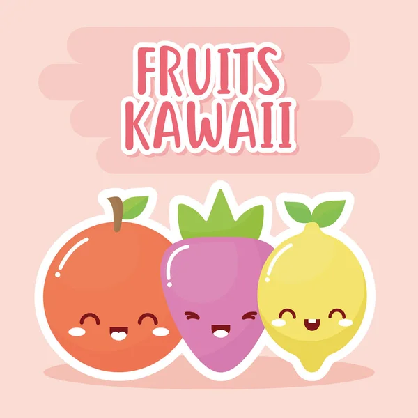 Conjunto de frutas kawaii com frutas kawaii lettering — Vetor de Stock