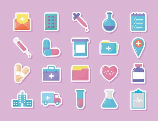 Set of medical icons with pink background — Stock Vector