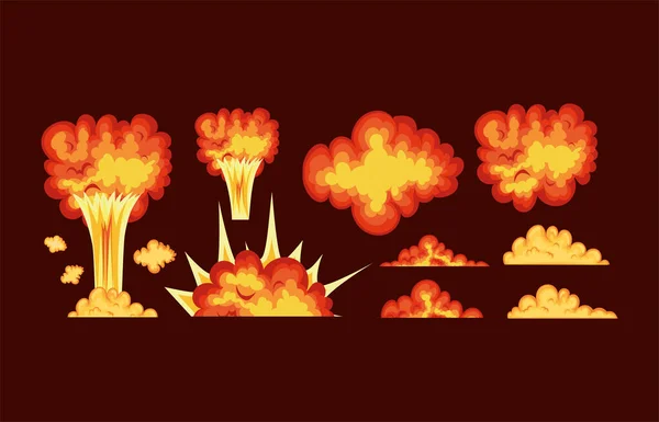 Set of blasts with fire clouds of orange, red and yellow color on a red background — Stock Vector