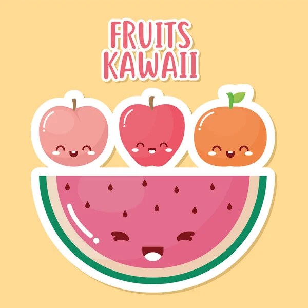 Gyümölcsös kawaii gyümölcsök csoportja kawaii betűkkel — Stock Vector