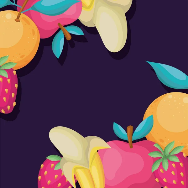 Conjunto de frutas sobre un fondo púrpura oscuro — Vector de stock