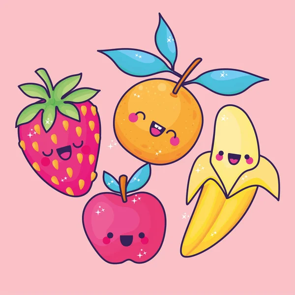 Conjuntos de ícones de frutas kawaii — Vetor de Stock