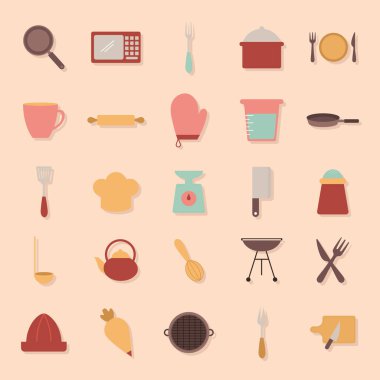 Turuncu arkaplanda yemek pişirme simgeleri demeti