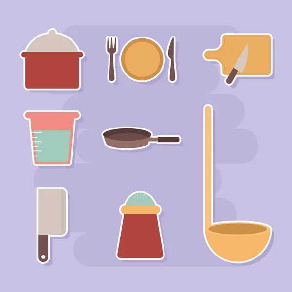 紫色の背景に料理のアイコンのセット — ストックベクタ