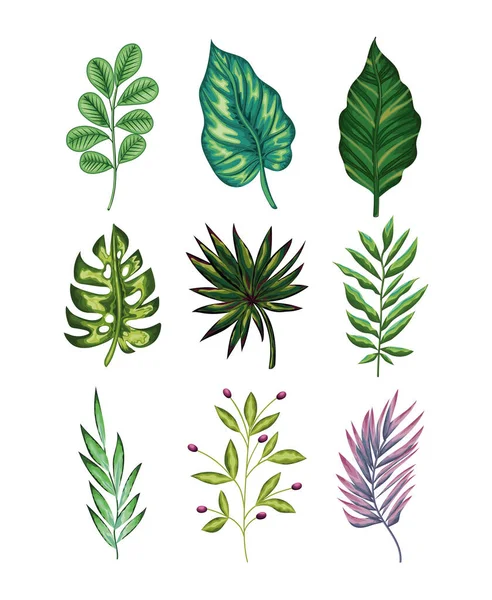 Set of green leaves and one purple on white background — Stock Vector