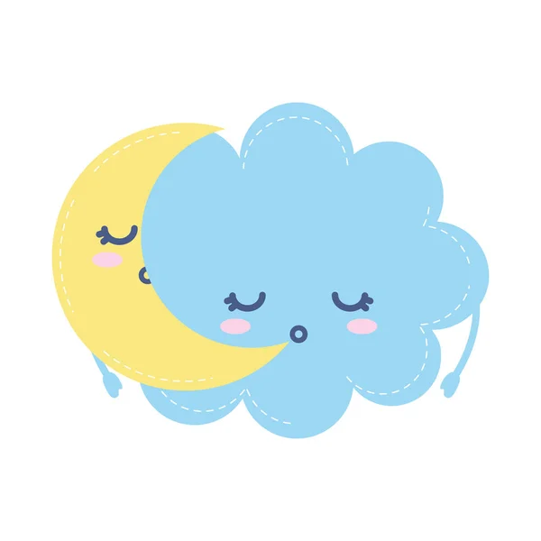 Luna y nube durmiendo sobre fondo blanco — Vector de stock