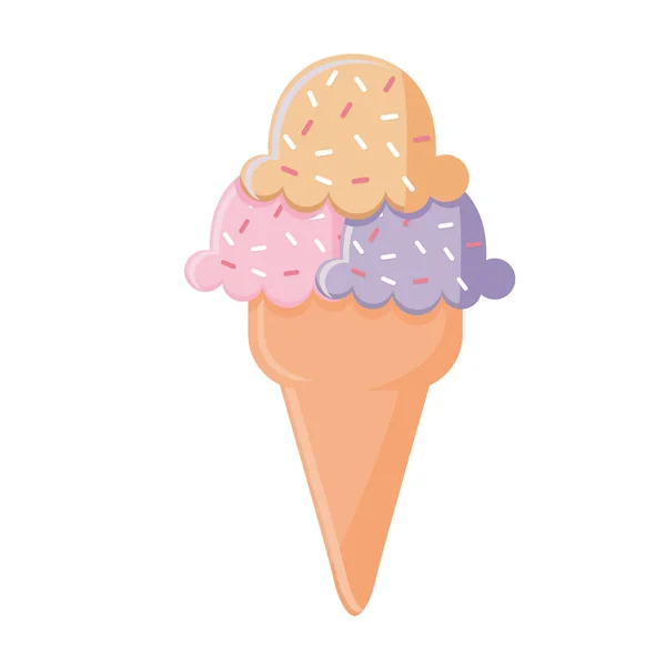 Helado con tres bolas de color púrpura, rosa y naranja en un cono — Vector de stock