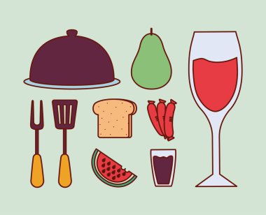 Mavi arkaplanda piknik simgeleri demeti