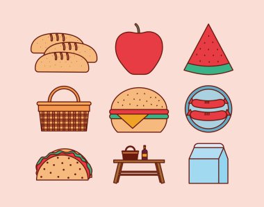 Pembe arka planda piknik simgeleri