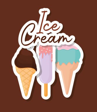 Kahverengi arkaplanda dondurma harfleri olan dondurma ikonları.