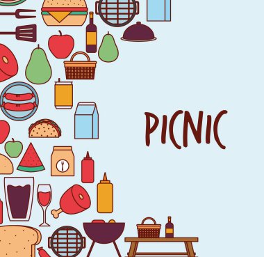 Piknik ikonları ve piknik harfleri mavi arka planda.