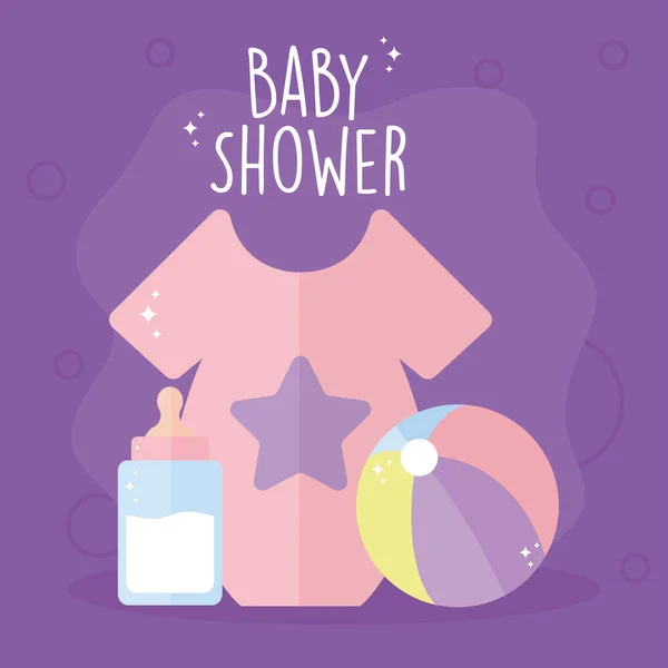 Baby shower belettering en een baby shirt met een roze kleur, baby fles met melk en bal — Stockvector